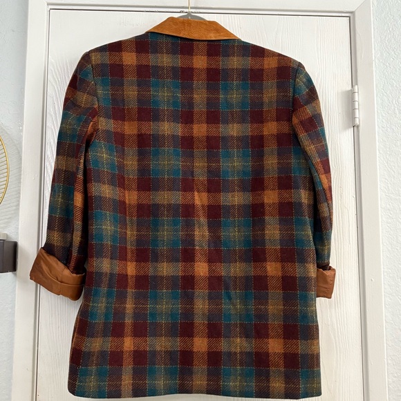 Vintage Brandon Thomas Plaid Wool Multicolor Jacket Tan Leather Collar Size L - Picture 3 of 9